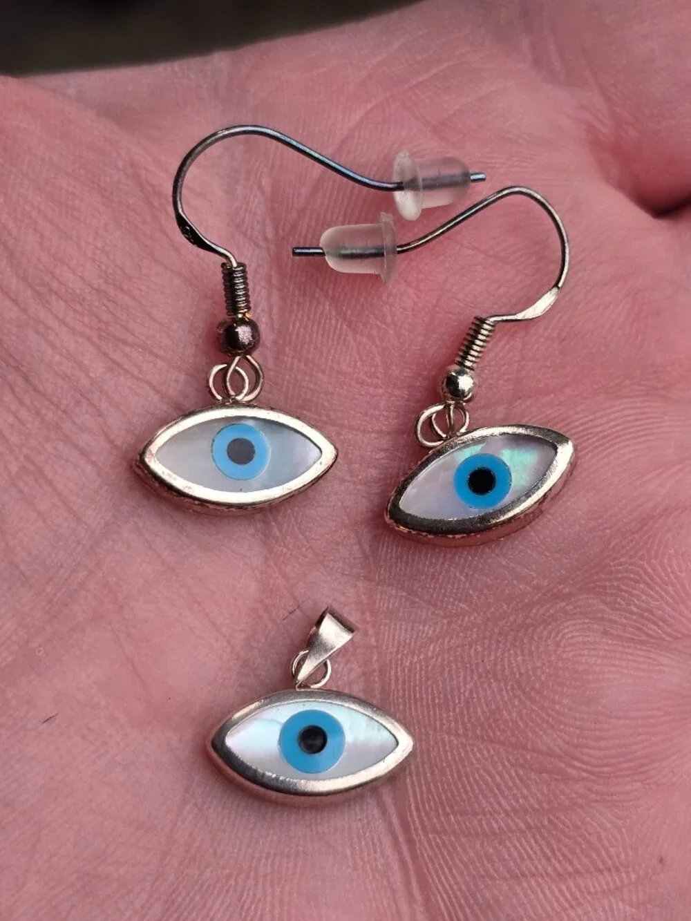 Sterling silver Mother of Pearl Evil Eye Earrings and Pendant